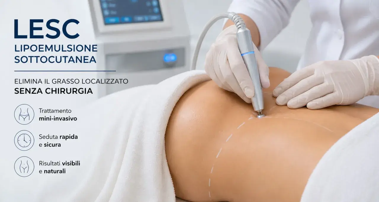 Trattamento LESC per la rimozione del grasso addominale senza intervento chirurgico. Lipoemulsione sottocutanea mini-invasiva per risultati visibili e naturali.