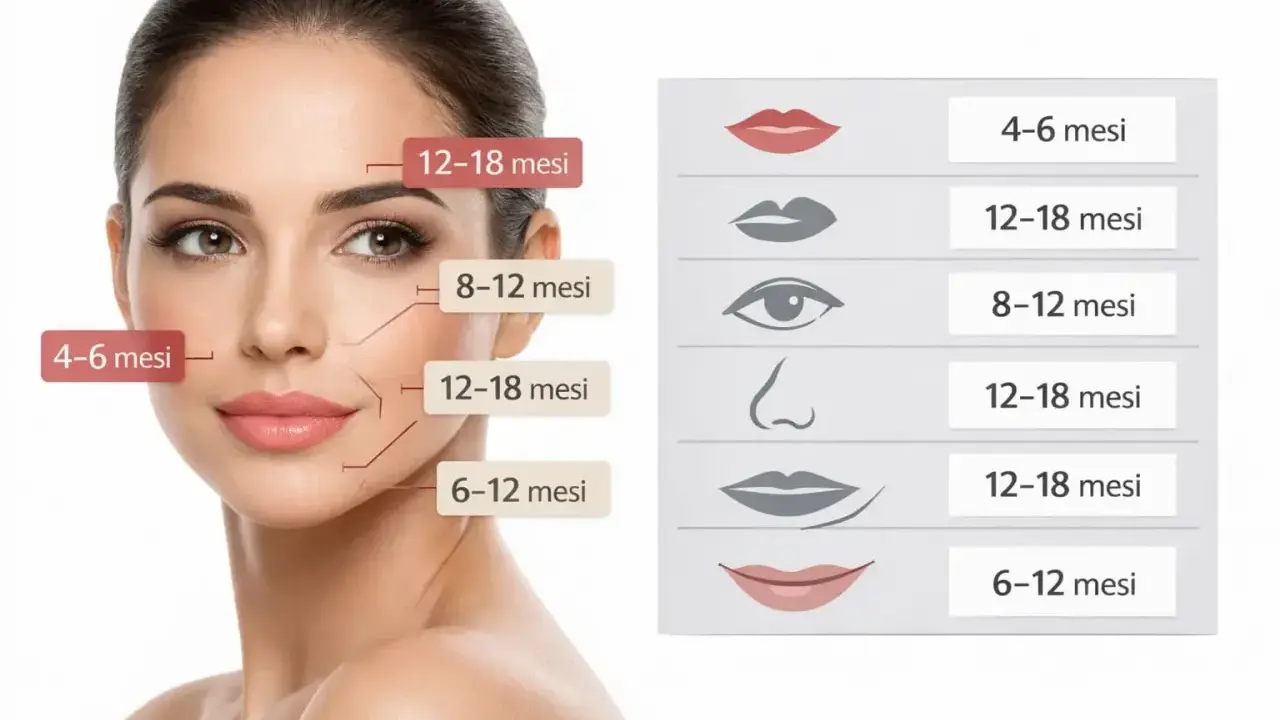 Volto femminile con indicazioni sulla durata degli effetti dell'acido ialuronico in diverse aree, utile per valutare le controindicazioni.