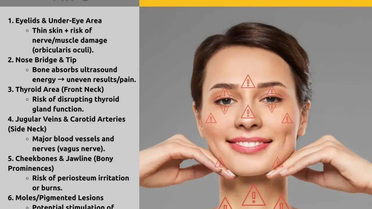 Evitare zone come occhi, collo e mento per prevenire effetti collaterali degli ultrasuoni focalizzati.