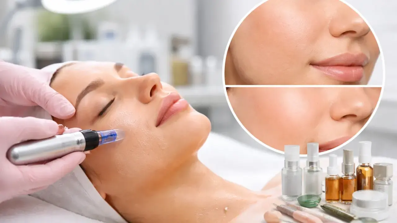 Primo piano di un trattamento viso microneedling. La pelle appare più liscia e luminosa dopo la procedura.