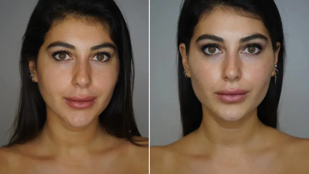 Split image showing a woman's face before and after makeup application.