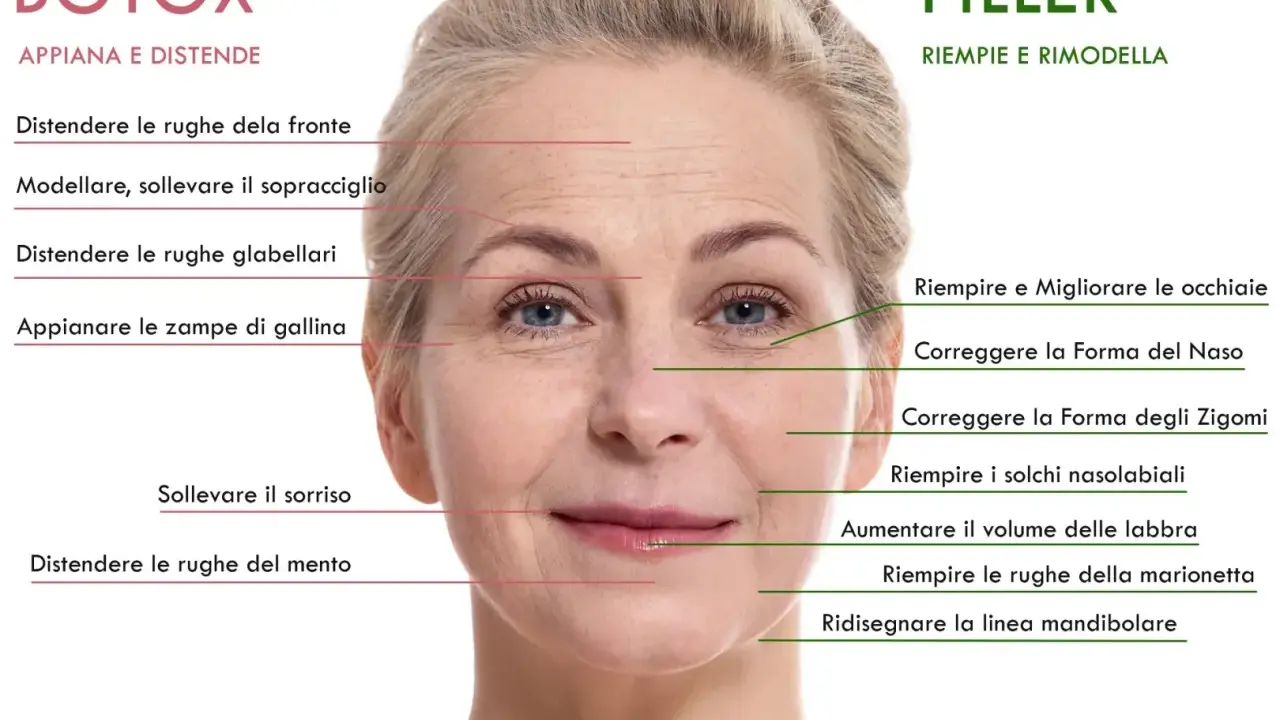 Volto femminile con indicazioni per trattamenti estetici come Botox e Filler, che migliorano la pelle e contrastano i segni del tempo, inclusi gli **esosomi viso**.