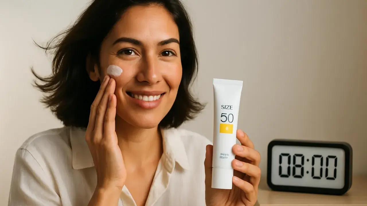 Donna sorridente applica crema solare SPF 50, prevenendo le rughe da sole. L'orologio segna le 08:00, ora perfetta per iniziare la protezione.