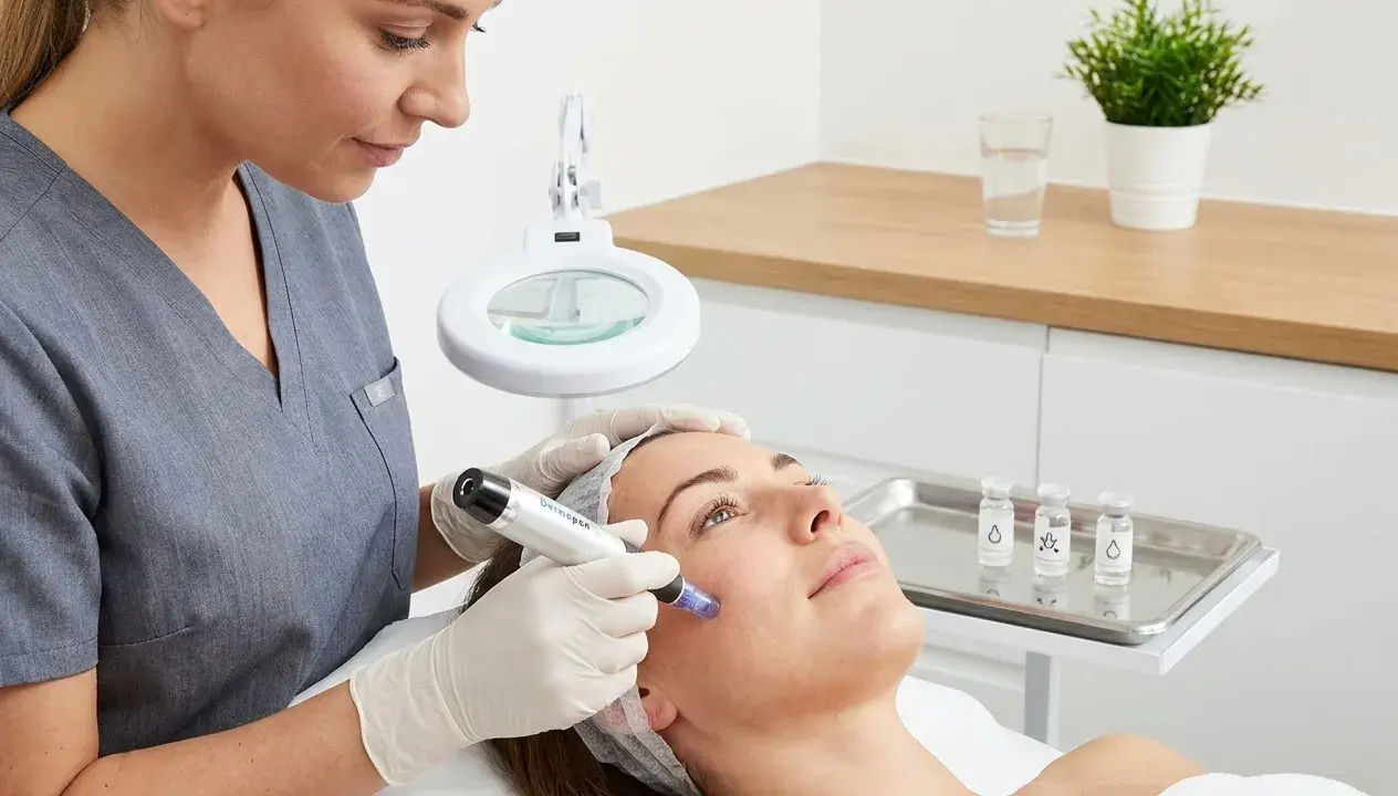 Estetista usa Dermapen per trattamento viso. Si parla di esosomi cosa sono, piccole vescicole che trasportano molecole benefiche per la pelle.