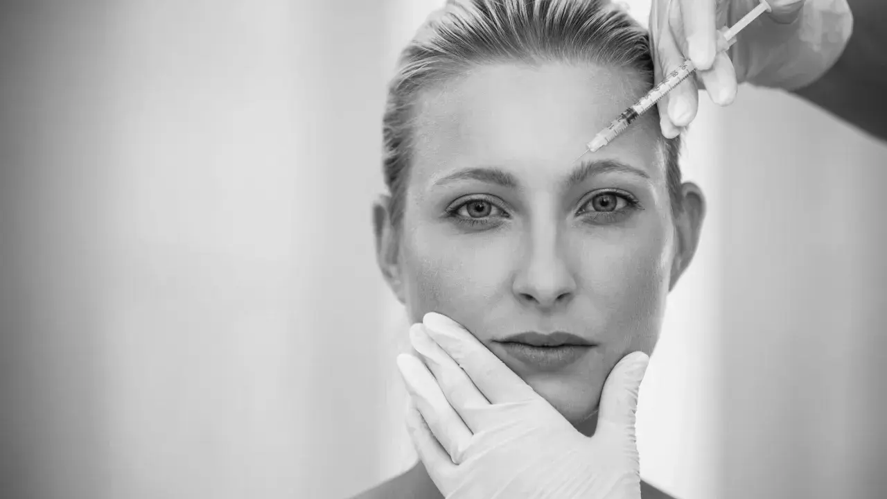 Ritocchino per combattere i segni del tempo e del sole. Botox sulla fronte, mani guantate che accarezzano il viso.