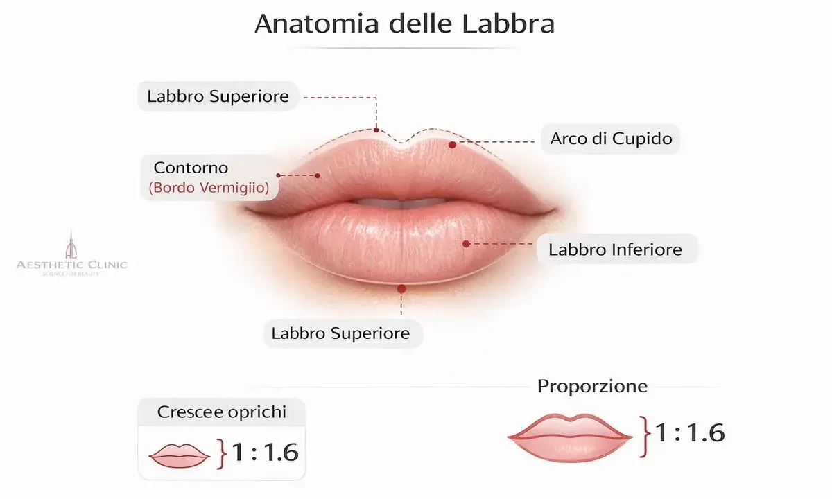 Anatomia labbra: contorno, arco di Cupido, labbro superiore/inferiore. Ideale per filler labbra naturale con proporzione 1:1.6.