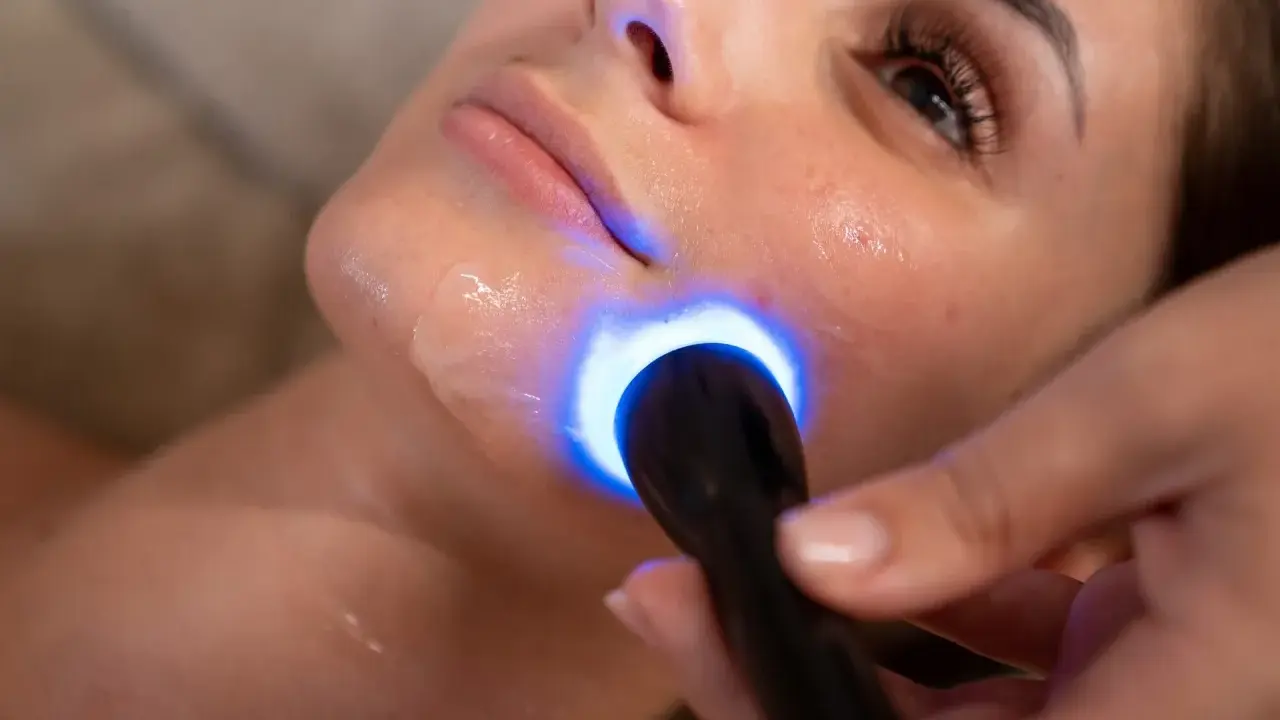 Primo piano di un viso sottoposto a biorivitalizzazione con luce blu. Informarsi sulle biorivitalizzazione viso controindicazioni prima del trattamento.