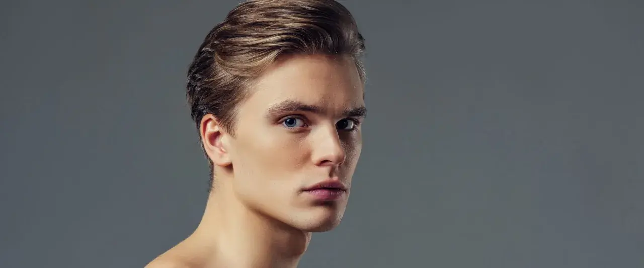 Primo piano di un giovane uomo con capelli biondi pettinati all'indietro e occhi azzurri penetranti. Il suo viso, con un leggero tocco di filler uomo viso, appare definito e curato.