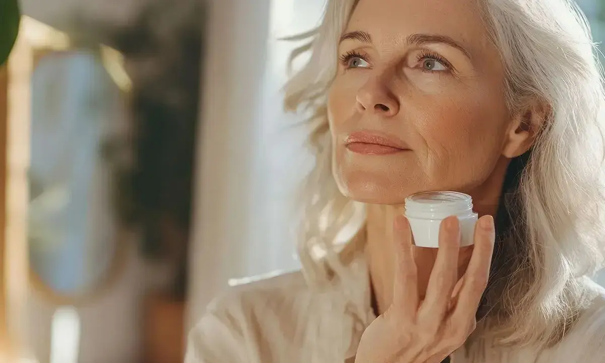 Donna con capelli grigi tiene un vasetto di crema, pensando alla protezione solare e all'acido ialuronico per una pelle radiosa.