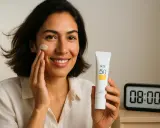 Donna sorridente applica crema solare SPF 50, prevenendo le rughe da sole. L'orologio segna le 08:00, ora perfetta per iniziare la protezione.