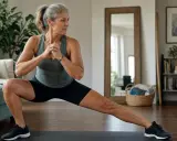 Donna di 50 anni si allena a casa per rassodare interno coscia con un affondo laterale.