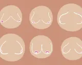 Illustrazione di sei seni cadenti, con diverse forme e posizioni, rappresentati con linee bianche su sfondo color carne.