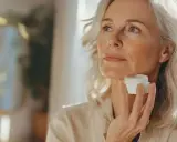 Donna con capelli grigi tiene un vasetto di crema, pensando alla protezione solare e all'acido ialuronico per una pelle radiosa.