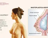 Illustrazione anatomica di un seno con protesi mammaria. Si evidenziano le possibili cicatrici post-mastoplastica e la posizione della protesi rispetto al muscolo pettorale.