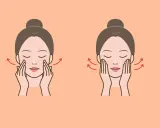 Illustrazione di una donna che massaggia il viso per il rilassamento cutaneo. Le frecce rosse indicano il movimento verso l'alto.