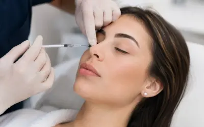 Una mano guantata inietta acido ialuronico Profhilo sul naso di una donna, per un ritocco estetico.