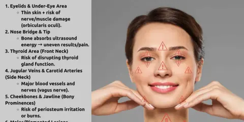 Evitare zone come occhi, collo e mento per prevenire effetti collaterali degli ultrasuoni focalizzati.