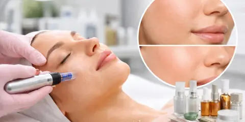 Primo piano di un trattamento viso microneedling. La pelle appare più liscia e luminosa dopo la procedura.
