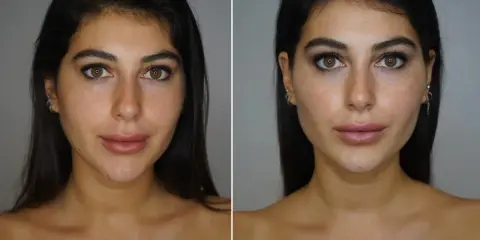 Split image showing a woman's face before and after makeup application.