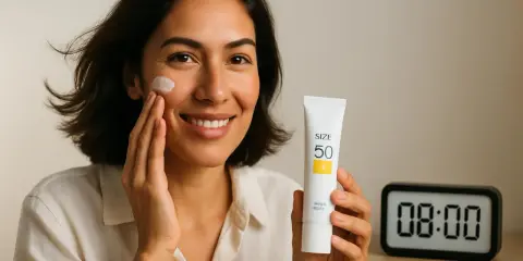 Donna sorridente applica crema solare SPF 50, prevenendo le rughe da sole. L'orologio segna le 08:00, ora perfetta per iniziare la protezione.
