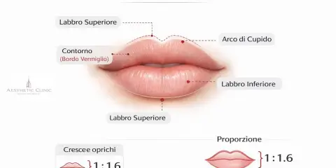 Anatomia labbra: contorno, arco di Cupido, labbro superiore/inferiore. Ideale per filler labbra naturale con proporzione 1:1.6.