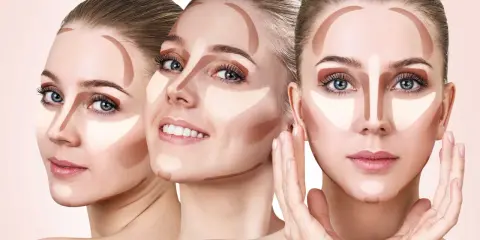 Tre volti femminili mostrano il contouring viso con tecniche di ombreggiatura e illuminazione, simili a un filler per definire i tratti.