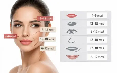 Volto femminile con indicazioni sulla durata degli effetti dell'acido ialuronico in diverse aree, utile per valutare le controindicazioni.