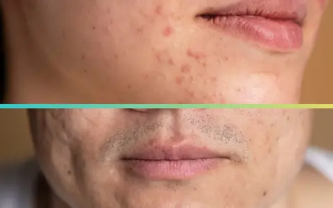 Primo piano di un volto diviso orizzontalmente. La parte superiore mostra la pelle con brufoli attivi e rossori. La parte inferiore rivela **cicatrici da brufoli** più profonde e visibili, con peli radi.