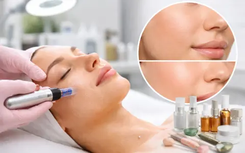 Primo piano di un trattamento viso microneedling. La pelle appare più liscia e luminosa dopo la procedura.