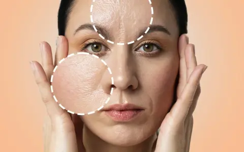 Primo piano di una donna con cerchi tratteggiati che evidenziano rughe e pori dilatati, suggerendo un trattamento di peeling.