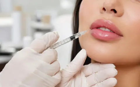 Mani guantate iniettano filler labbra per un aspetto più pieno e sensuale.