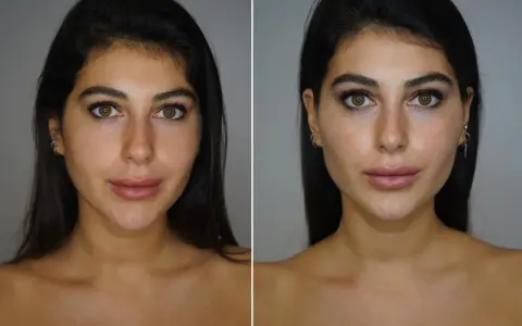 Split image showing a woman's face before and after makeup application.