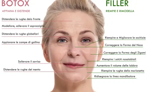 Volto femminile con indicazioni per trattamenti estetici come Botox e Filler, che migliorano la pelle e contrastano i segni del tempo, inclusi gli **esosomi viso**.