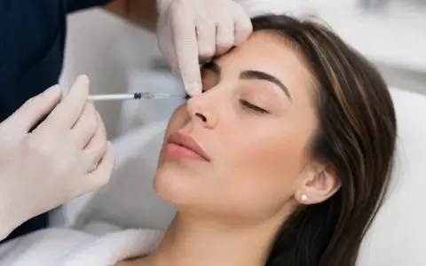 Una mano guantata inietta acido ialuronico Profhilo sul naso di una donna, per un ritocco estetico.