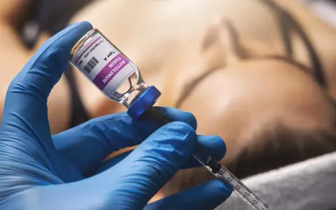 Mano con guanto blu che aspira botulino da fiala. Si valuta il botox mento effetti collaterali.