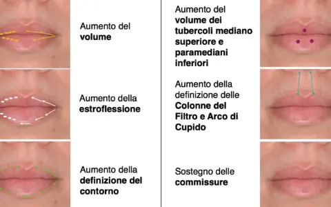 Filler per migliorare volume, estroflessione, definizione contorno, tubercoli, colonne del filtro, arco di Cupido e sostegno delle commissure della bocca.