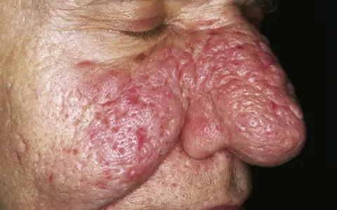Primo piano del naso e guancia di un uomo con rinofima. La pelle è arrossata, ispessita e presenta noduli. Potrebbe essere utile una crema per rinofima.