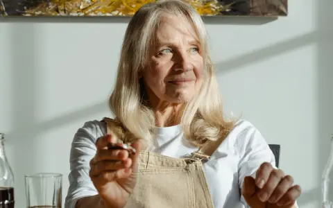 Donna anziana con capelli biondi e occhi azzurri, le rughe sul viso raccontano storie di vita. Tiene in mano un oggetto.