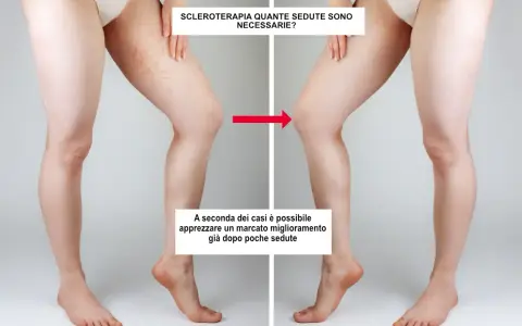 Gambe prima e dopo sclerosanti: la terapia riduce visibilmente le teleangectasie, mostrando un netto miglioramento.