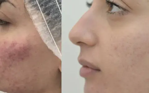 Prima e dopo: pelle con acne e rossori, poi migliorata. Nessun effetto collaterale visibile di Dermamelan.