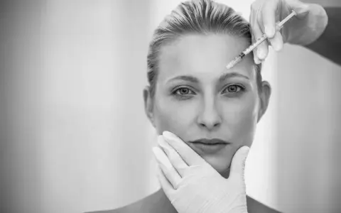 Ritocchino per combattere i segni del tempo e del sole. Botox sulla fronte, mani guantate che accarezzano il viso.