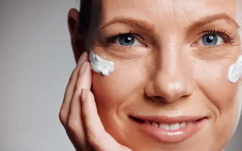 Primo piano di un volto femminile con crema applicata vicino all'occhio, per contrastare il danno attinico.