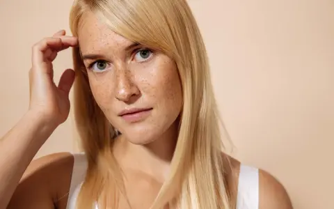 Giovane donna con lentiggini, capelli biondi e sguardo intenso. Immagina un trattamento di pico laser viso per una pelle radiosa.