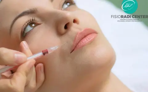 Primo piano di un volto femminile con una mano che inietta botulino per levigare le rughe.