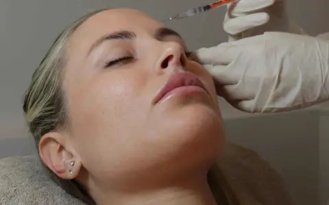 Primo piano del **full face viso** di una donna con gli occhi chiusi, mentre una mano guantata le inietta un filler sul naso.