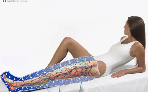 Illustrazione che mostra come funziona la pressoterapia: un manicotto avvolge la gamba, simulando il massaggio linfatico e la circolazione sanguigna.