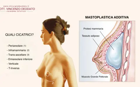 Illustrazione anatomica di un seno con protesi mammaria. Si evidenziano le possibili cicatrici post-mastoplastica e la posizione della protesi rispetto al muscolo pettorale.