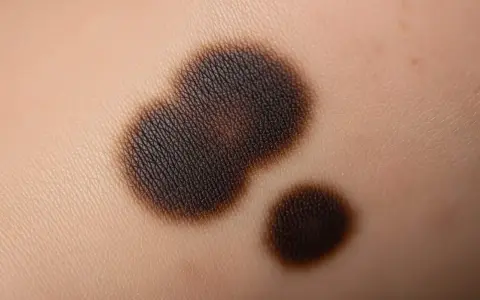 Macchie scure sulla pelle, forse residui di un peeling chimico, con texture visibile.