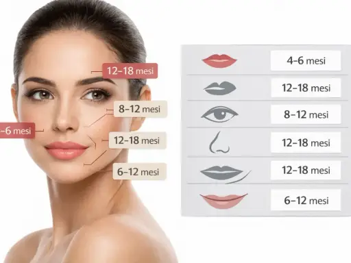 Volto femminile con indicazioni sulla durata degli effetti dell'acido ialuronico in diverse aree, utile per valutare le controindicazioni.