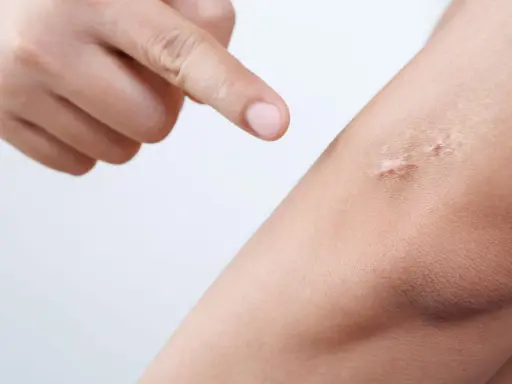 Dito si vede un dito che indica una cicatrice rialzata sulla pelle. Questa è una cheloide, una crescita anomala di tessuto cicatriziale.